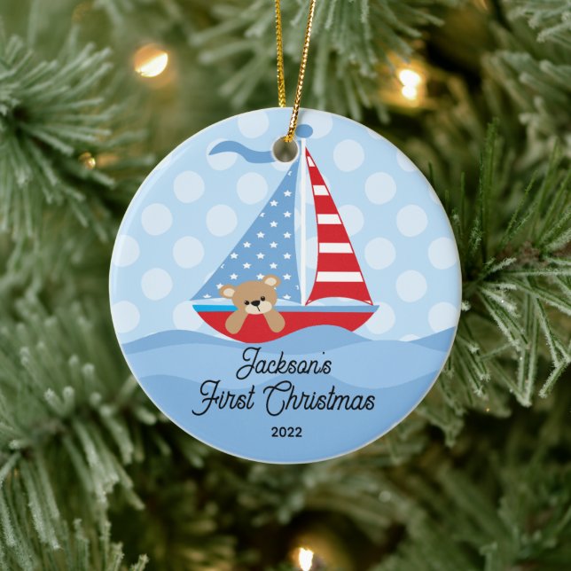 Baby's First Christmas Sailboat Photo Ceramic Ornament (Tree)