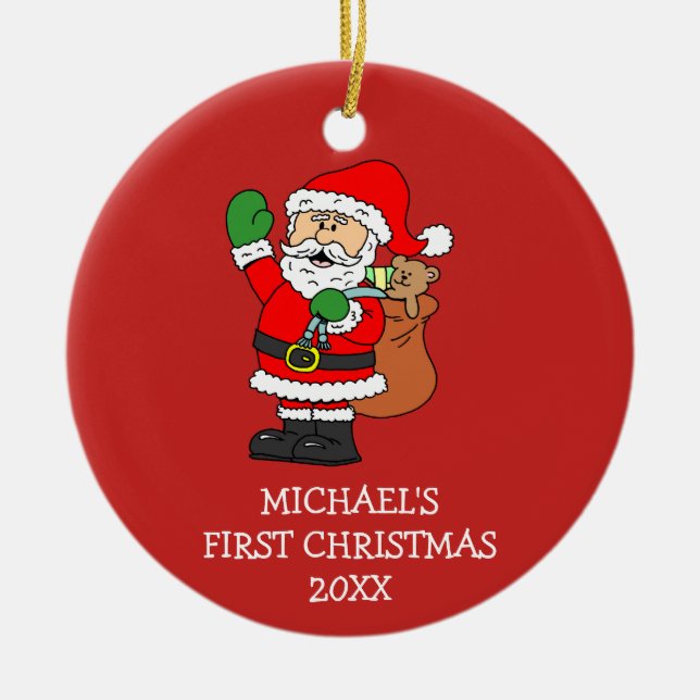 Baby's First Christmas Santa Cartoon Personalized Ceramic Ornament (Front)