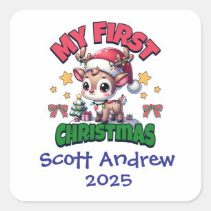 Baby's First Christmas Santa Deer Personalized Square Sticker