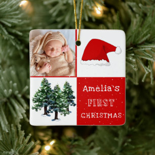 Baby's first Christmas Santa Hat Snow Tree Photo Ceramic Ornament