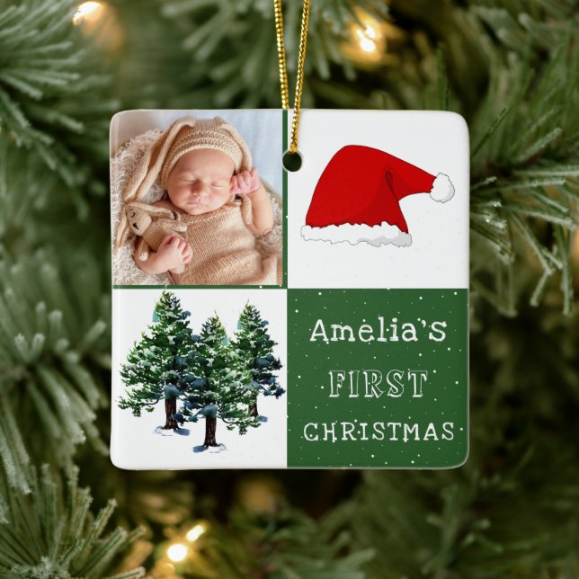 Baby's first Christmas Santa Hat Snow Tree Photo Ceramic Ornament (Tree)