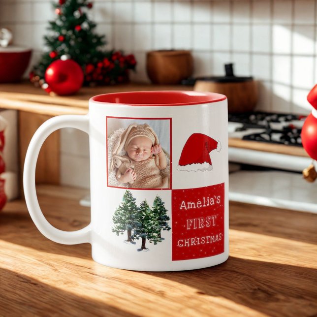 Baby's first Christmas Santa Hat Snow Tree Photo Two-Tone Coffee Mug (Creator Uploaded)