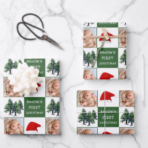 Baby's first Christmas Santa Hat Snow Tree Photo Wrapping Paper Sheet