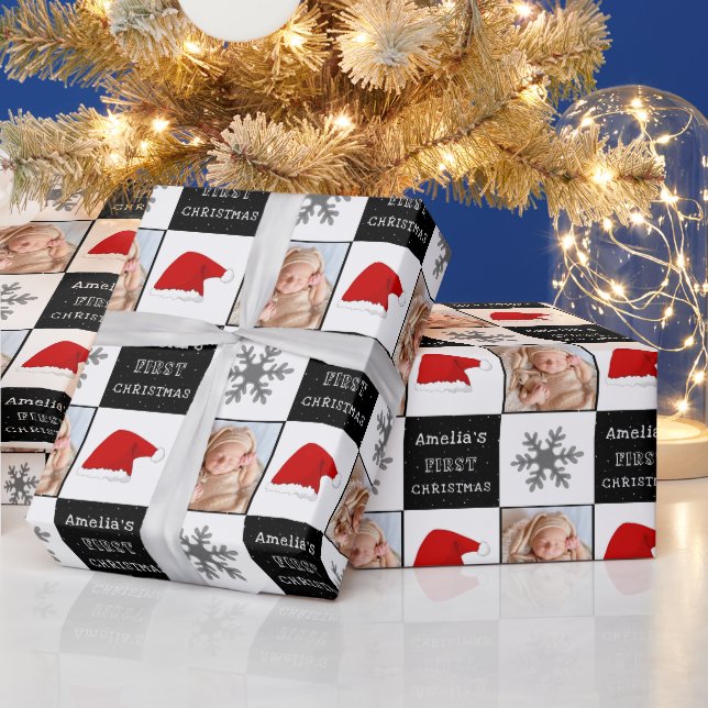 Baby's first Christmas Santa Hat Snowflake Photo  Wrapping Paper (Holidays)