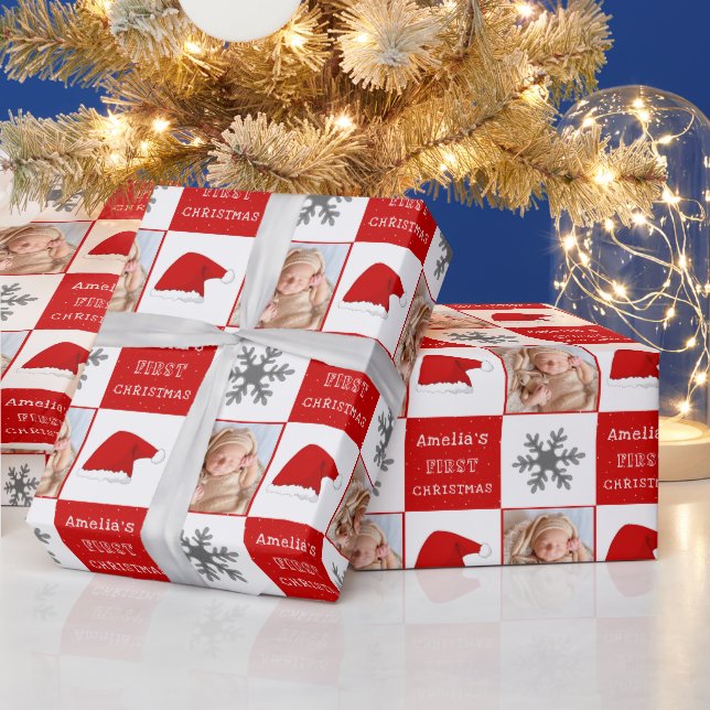 Baby's first Christmas Santa Hat Snowflake Photo  Wrapping Paper (Holidays)