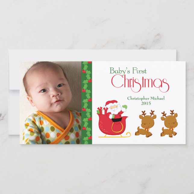 Baby's first Christmas santa sleigh photo card (Front)