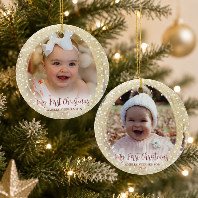 Babys First Christmas Script 2 Photos Gold Ceramic Ornament (Creator Uploaded)