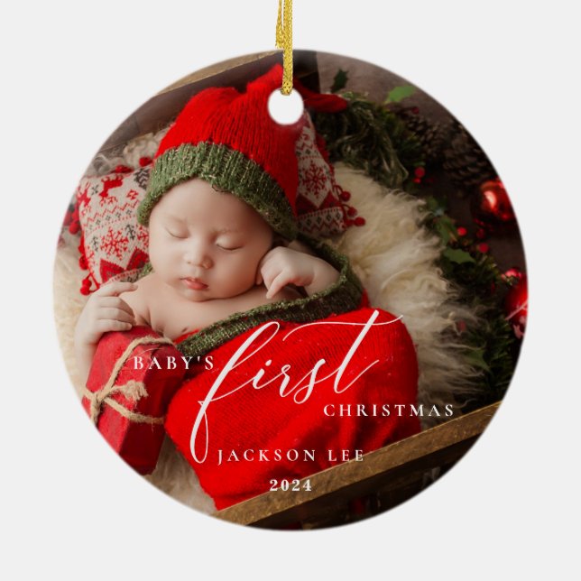 Baby's First Christmas Script Photo Ornament (Back)