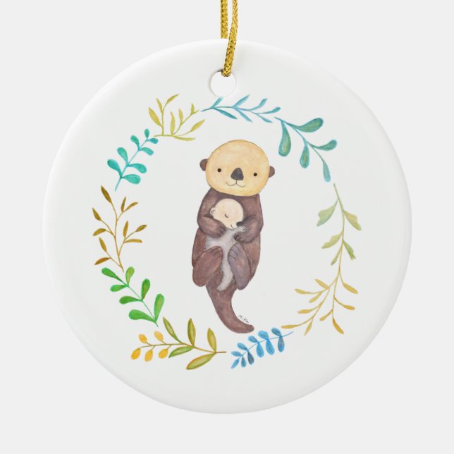 Baby's First Christmas Sea Otter Mom Baby Custom Ceramic Ornament (Front)