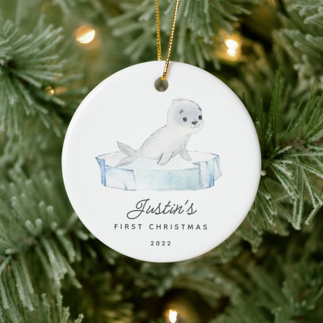Baby's First Christmas Seal 2 Sided Photo Ceramic Ornament (Tree)