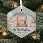 Baby's First Christmas Simple 1 Photo Black Script Glass Ornament<br><div class="desc">Celebrate the simple joys of your newest family member with a custom photo "My First Christmas" hexagon-shaped glass ornament. Gender neutral design is suitable for a new baby boy or girl. Picture and all wording on this template are simple to personalize. The modern minimalist black and white overlay design features...</div>