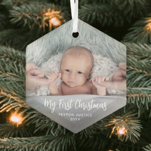 Baby's First Christmas Simple 1 Photo White Script Glass Ornament