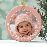 Baby's First Christmas - Simple Coral Pink Girl Ceramic Ornament<br><div class="desc">Add one picture to this cute holiday ornament - perfect for baby girls. A simple light coral pink border makes a memorable ornament for your tree. A modern minimal font for the year with a place to upload 1 square photo.</div>