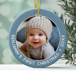 Baby's First Christmas - Simple Denim Pastel Blue Ceramic Ornament<br><div class="desc">Add one picture to this cute holiday ornament - perfect for baby girls. A simple light denim blue border makes a memorable ornament for your tree. A modern minimal font for the year with a place to upload 1 square photo.</div>