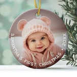 Baby's First Christmas - Simple Photo curved type Ceramic Ornament<br><div class="desc">Add one picture to this cute holiday ornament - perfect for baby girls or boys. A photo with a type overlay makes a memorable ornament for your tree. A modern minimal font for the year with a place to upload 1 photo. There is a slight gradient under the type to...</div>