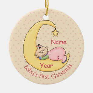 Baby's First Christmas -Sleeping on Moon (girl) Ceramic Ornament