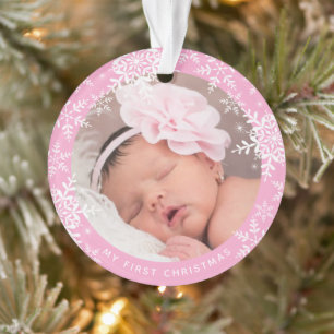 Baby's First Christmas Snowflakes on Pink Ornament