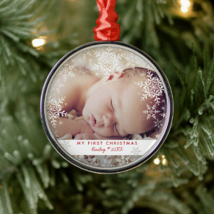 Baby's First Christmas Snowflakes Red Silver Metal Ornament