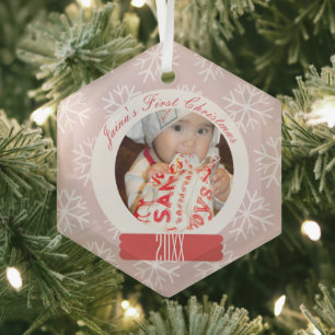 Baby's First Christmas Snowglobe Snowflakes Pink Glass Ornament