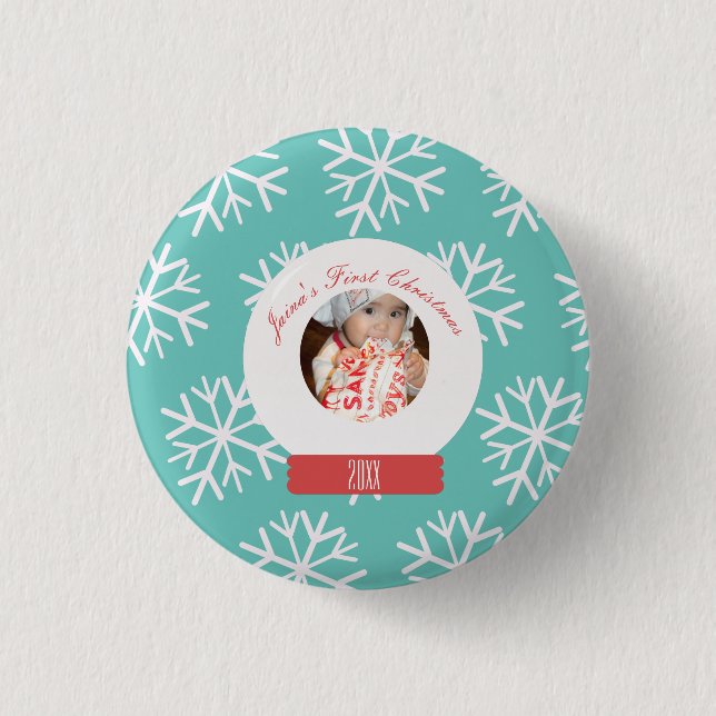 Baby's First Christmas Snowglobe Snowflakes Teal   1 Inch Round Button (Front)