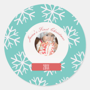 Baby's First Christmas Snowglobe Snowflakes Teal Classic Round Sticker