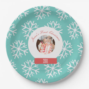 Baby's First Christmas Snowglobe Snowflakes Teal Paper Plate