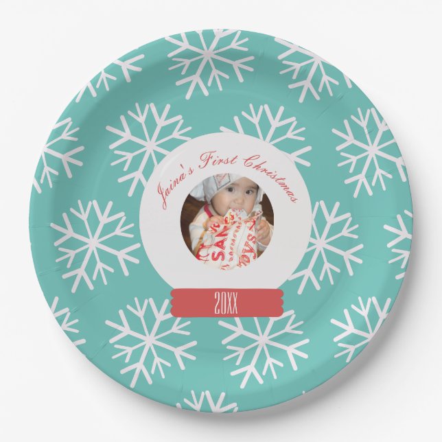Baby's First Christmas Snowglobe Snowflakes Teal  Paper Plate (Front)