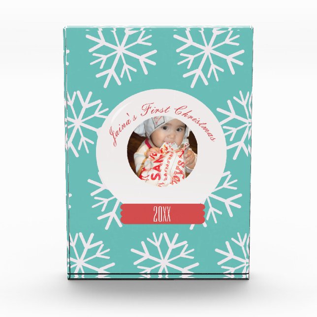 Baby's First Christmas Snowglobe Snowflakes Teal  Photo Block (Front)