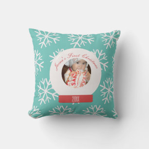 Baby's First Christmas Snowglobe Snowflakes Teal Throw Pillow