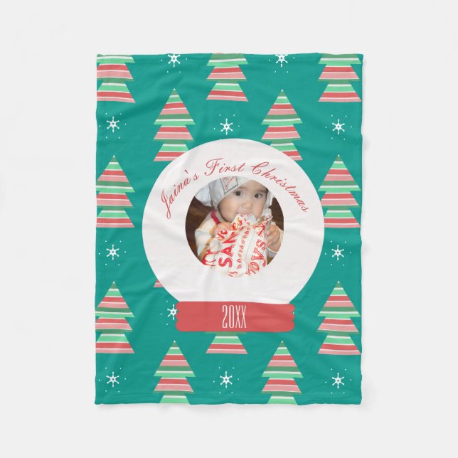 Baby's First Christmas Snowglobe Snowflakes Tree Fleece Blanket (Front)