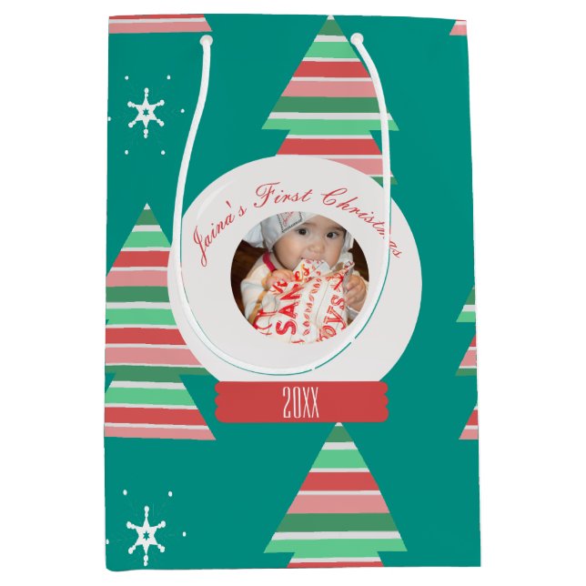 Baby's First Christmas Snowglobe Snowflakes Tree Medium Gift Bag (Front)