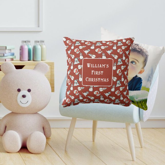 Baby's First Christmas | Snowman Pattern Photo Throw Pillow (Nursery - Back And Front)