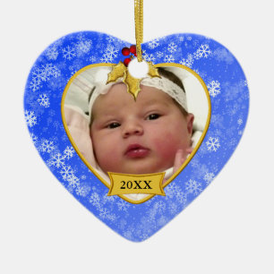 Baby's First Christmas Snowy Gold and Blue Photo Ceramic Ornament