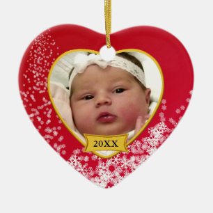 Baby's First Christmas Snowy Red Photo Ceramic Ornament