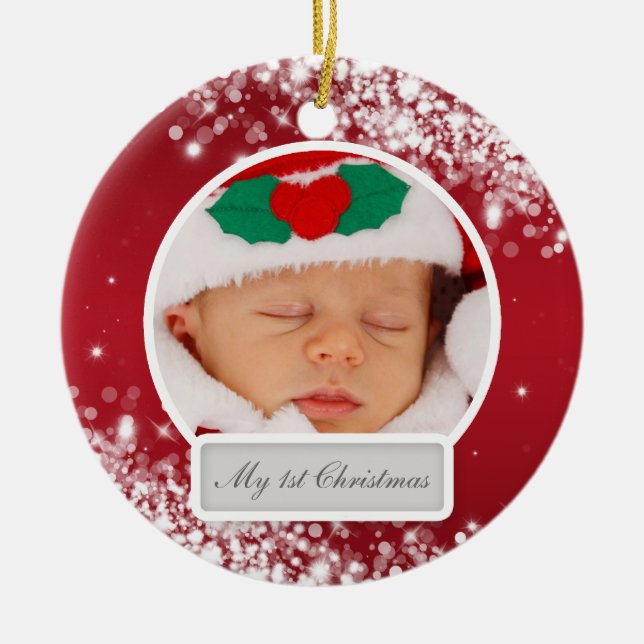 Baby's First Christmas Sparkling Wave Red Ceramic Ornament (Front)