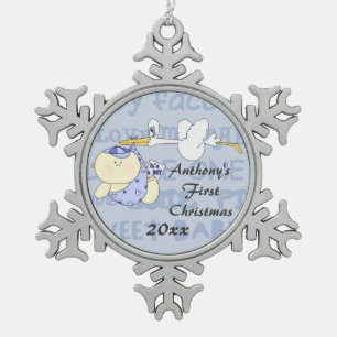 Baby's First Christmas/Stork-Customize Name/Year Snowflake Pewter Christmas Ornament