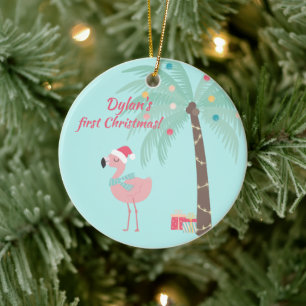 Baby's First Christmas  -  Sweet Santa Flamingo Ceramic Ornament