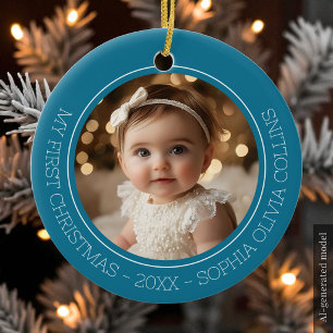 Baby's First Christmas Teal Modern 2 Photo Newborn Ceramic Ornament