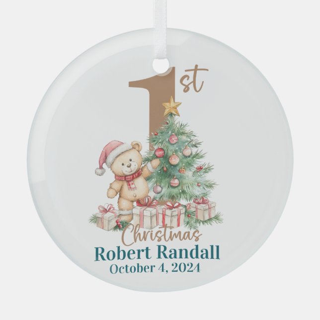 Baby's First Christmas teddy Bear Glass Ornament (Front)
