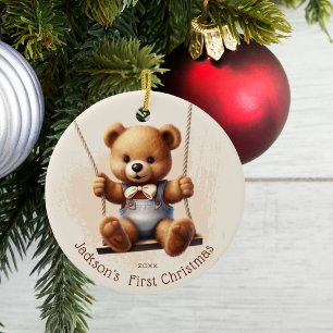 Baby's First Christmas Teddy on Swing Ceramic Ornament