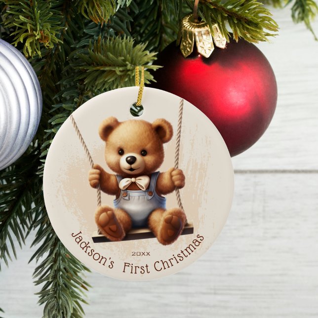 Baby's First Christmas Teddy on Swing Ceramic Ornament (Creator Uploaded)