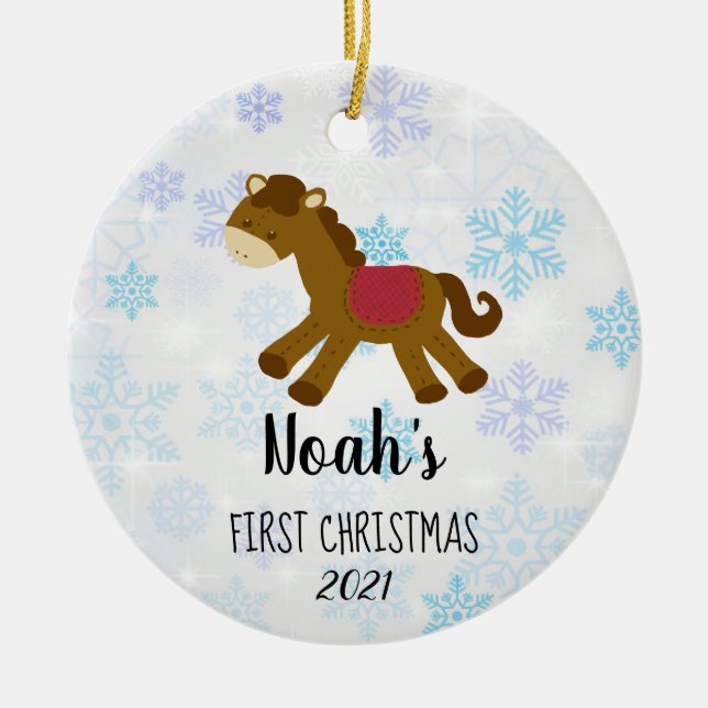 Baby's First Christmas Toy Horse Custom  Ceramic Ornament (Front)