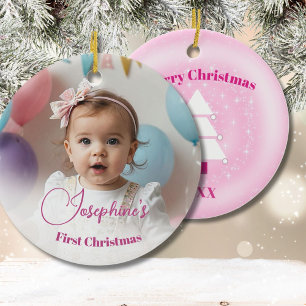 Babys FIrst Christmas Tree  Pink Stars Photo Ceramic Ornament