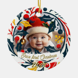 Baby's First Christmas Tricolor wreath Ceramic Ornament