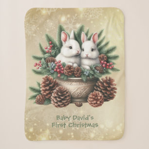 Baby's First Christmas Two Bunnies In A Bowl Sherpa Blanket