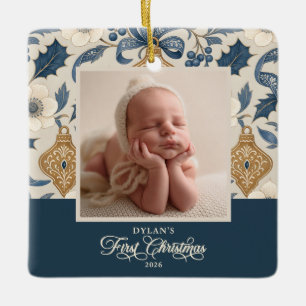 Baby's First Christmas Vintage Ribbons 2-Photo Ceramic Ornament
