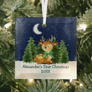 Baby's First Christmas Watercolor Deer Bow Forest Glass Ornament