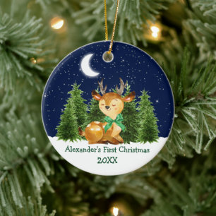 Baby's First Christmas Watercolor Deer Green Bow Ceramic Ornament