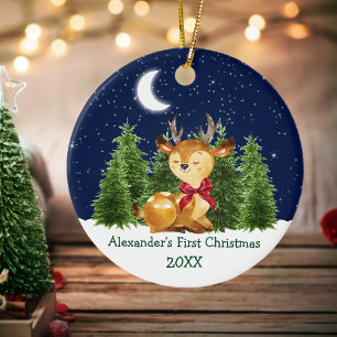 Baby's First Christmas Watercolor Deer Red Bow Ceramic Ornament