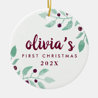 Baby's First Christmas Watercolor Floral Photo Ceramic Ornament